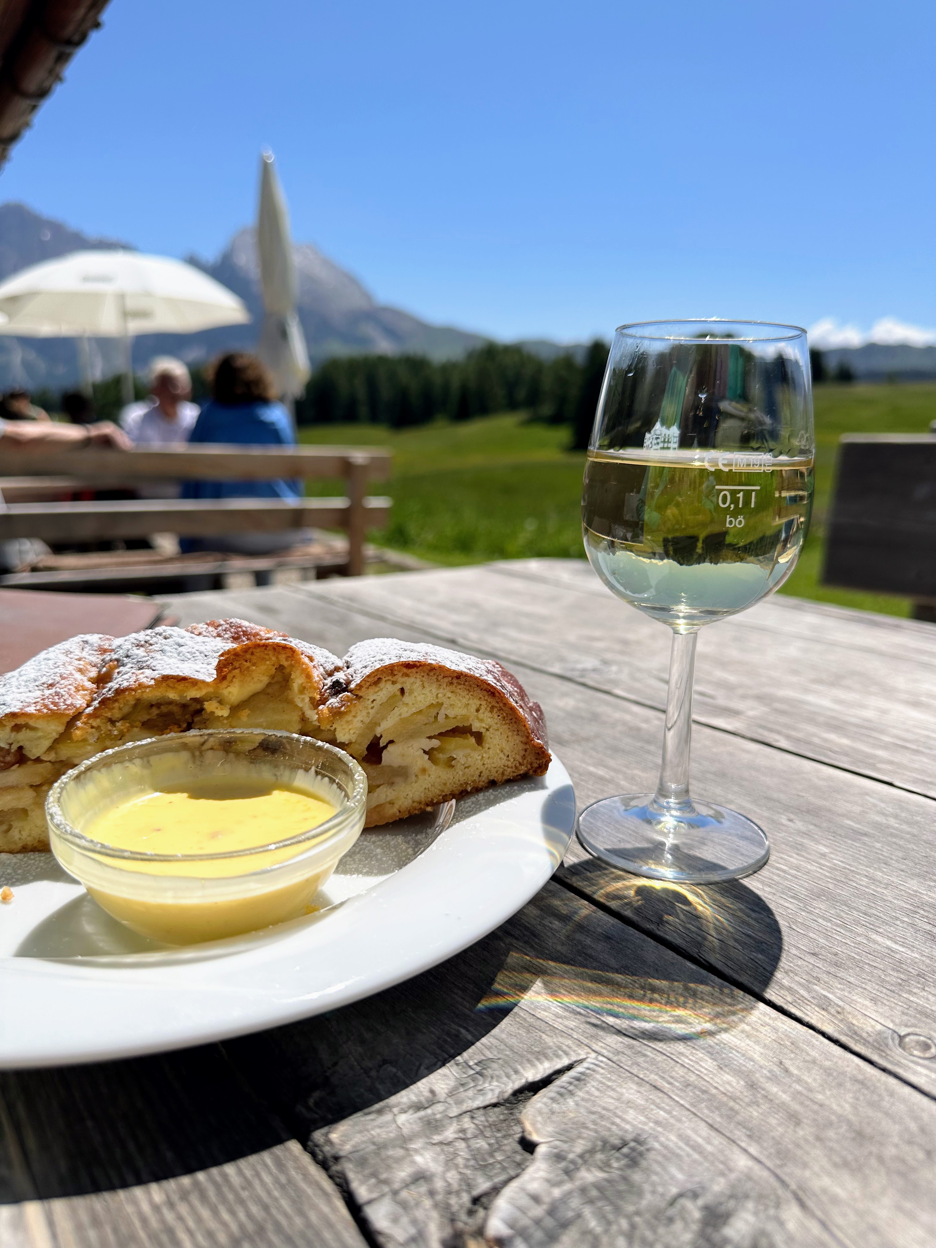 Applestrudel with vanilla creme at Baita Tuene, , Alpe di Siusi, Dolomites, Italy